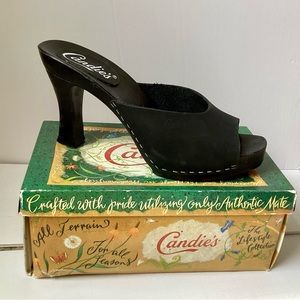 Vintage Candies 1980's Black Leather Sandals High Heels Slides Size 11